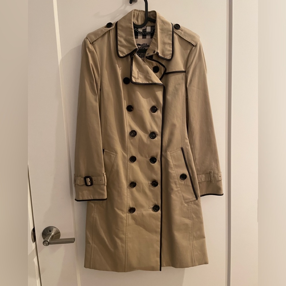 Burberry Trench Coat Long Nova Check Leather Belt Beige Womens Size 8